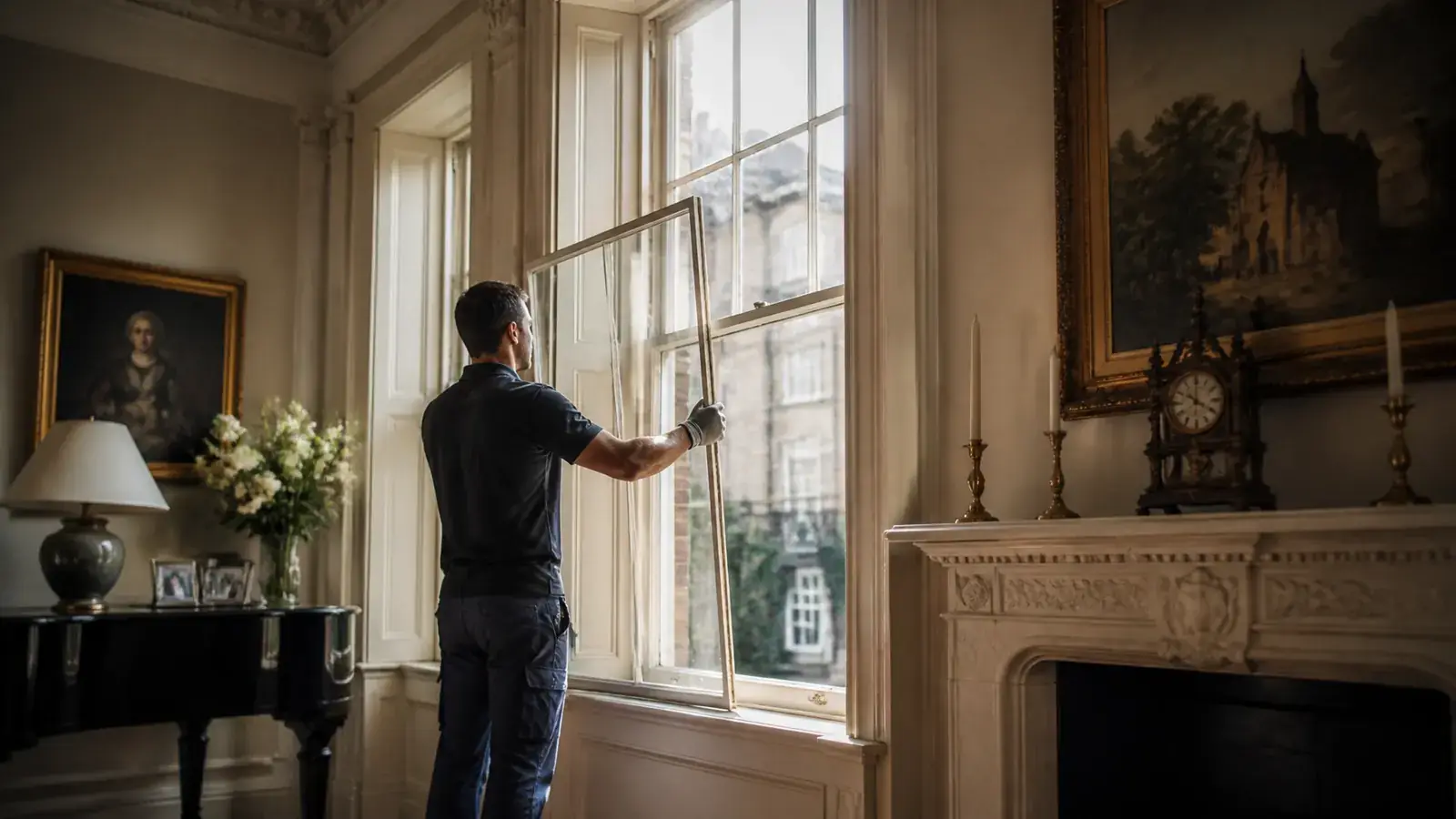 Lift-out secondary glazing panel being carefully handled inside a grand Georgian reception room