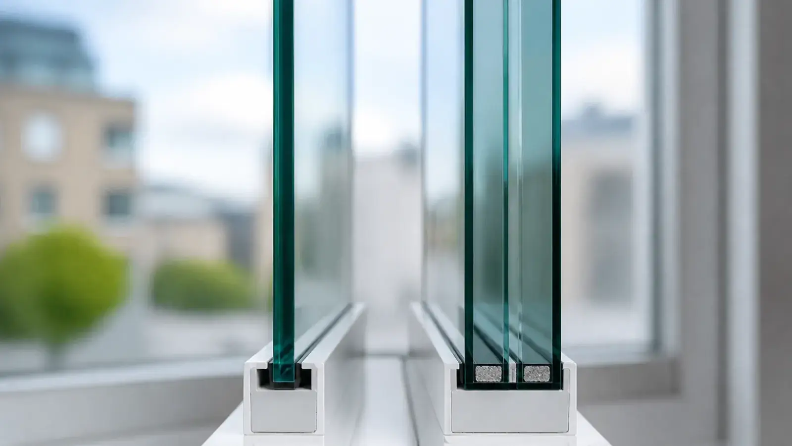 Comparison close-up illustrating the thickness difference between standard 4mm glass and 10.8mm acoustic laminated glass in a secondary glazing context