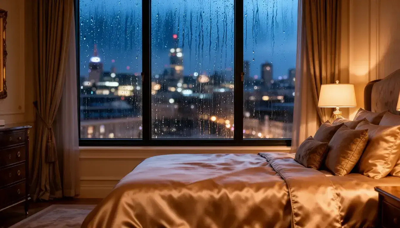 A luxury London bedroom overlooking a rainy urban skyline, where secondary glazing windows create a silent city sanctuary