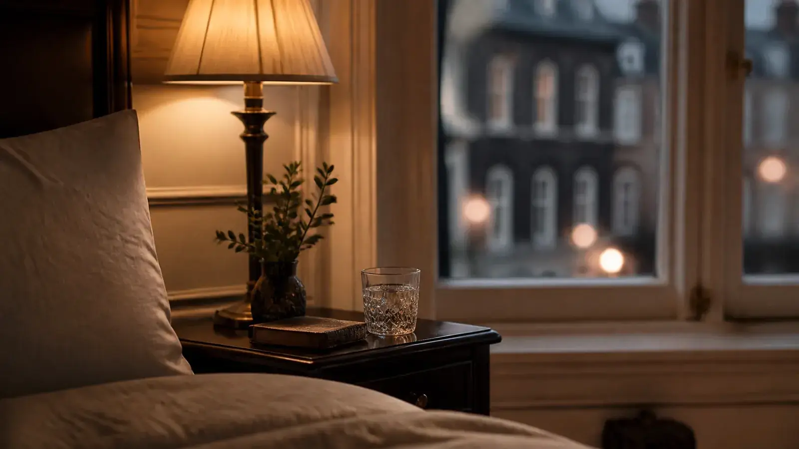 Sleep-focused bedside scene in a quiet heritage London bedroom with warm lamp light and soft restful detail