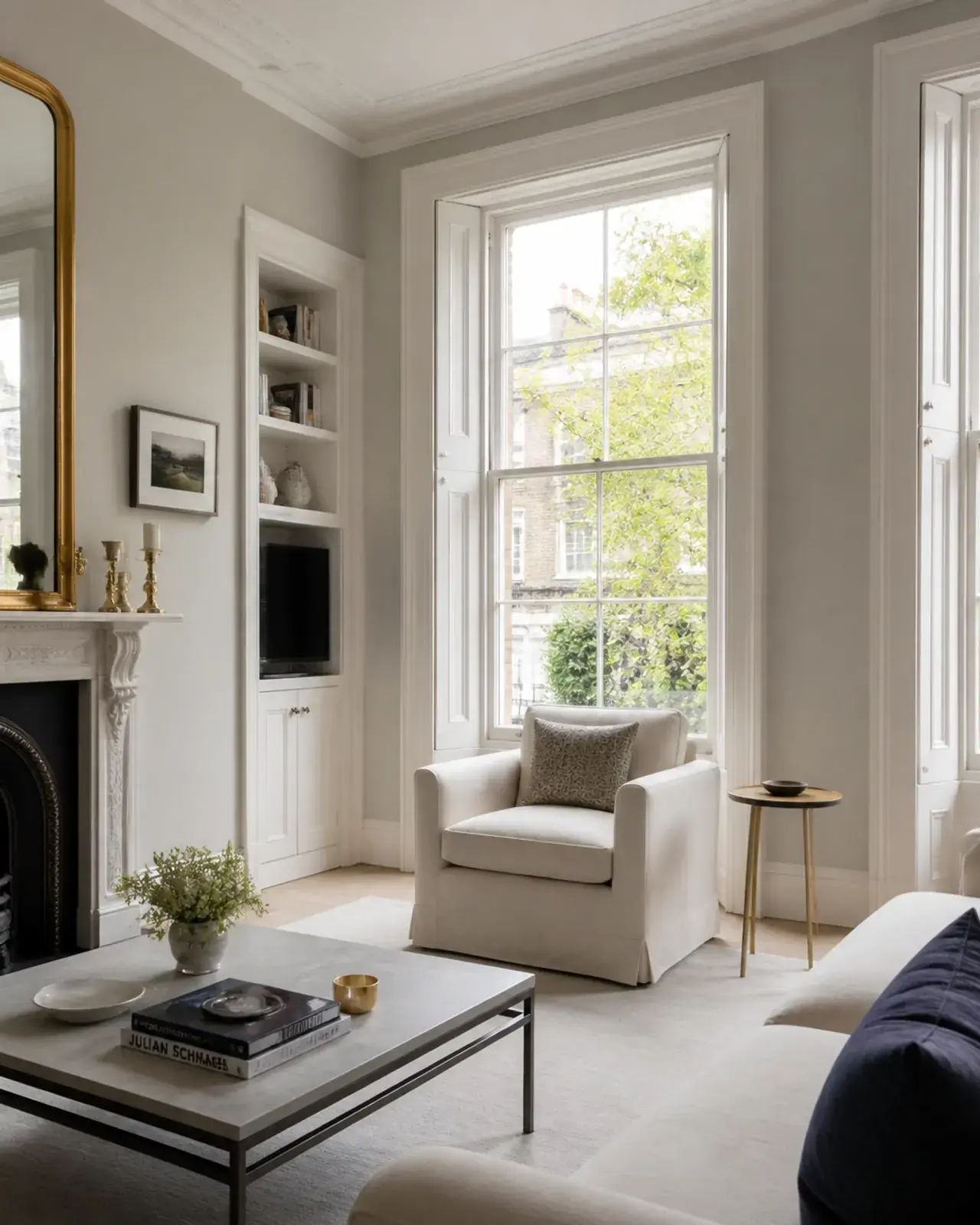 London living room with traditional sash bay windows upgraded with discreet acoustic secondary glazing