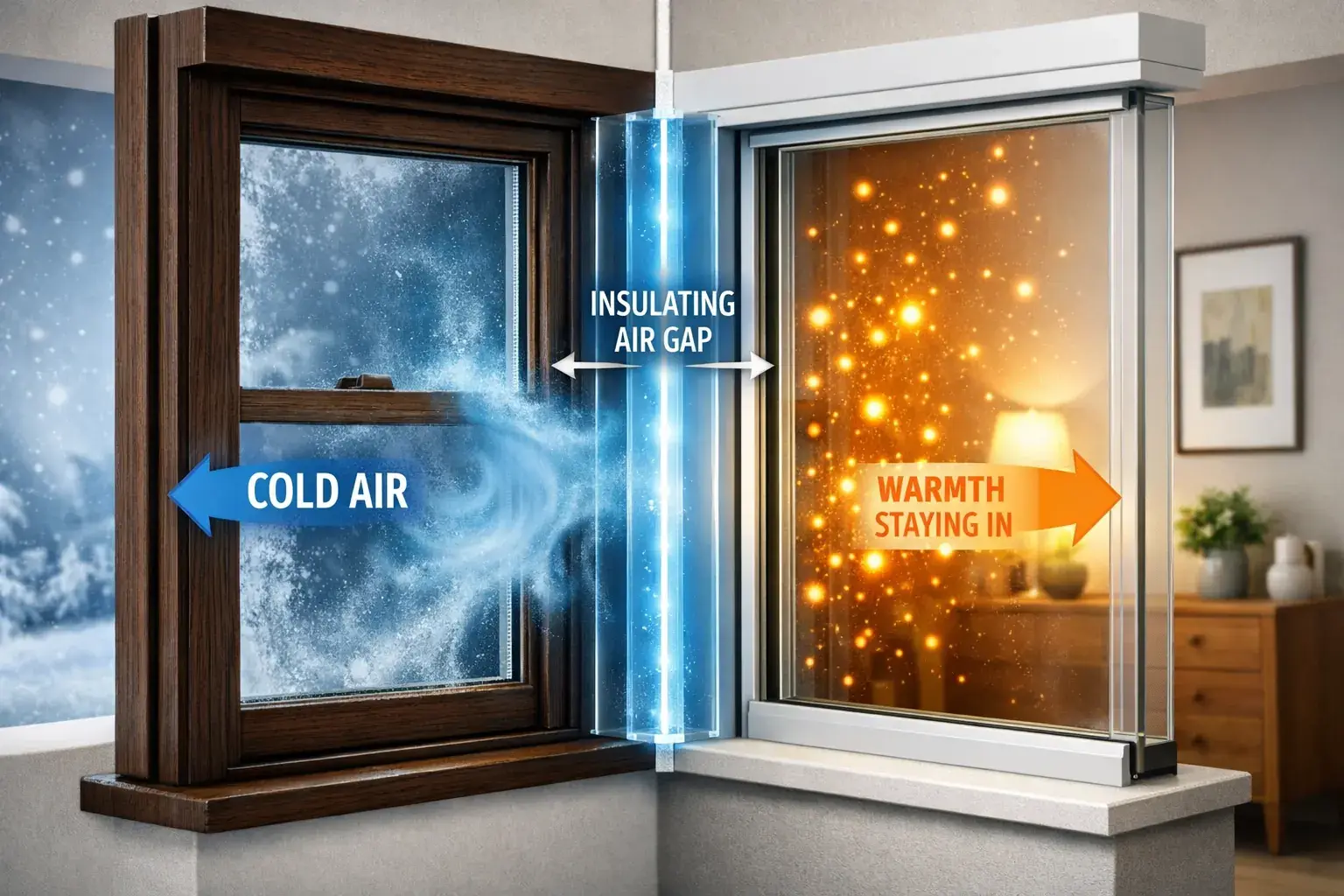 Secondary glazing thermal barrier diagram showing the insulating air gap and original sash window. Secondary glazing thermal barrier diagram showing the insulating air gap and original sash window.