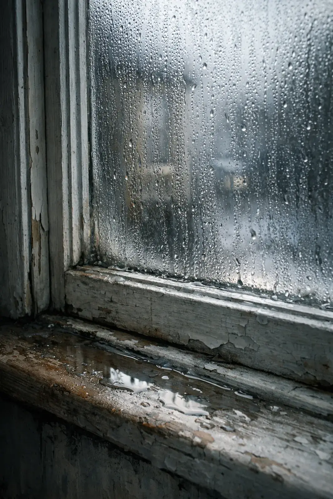 Severe condensation on a Victorian sash window with water pooling on the damp timber sill. Severe condensation on a Victorian sash window with water pooling on the damp timber sill.