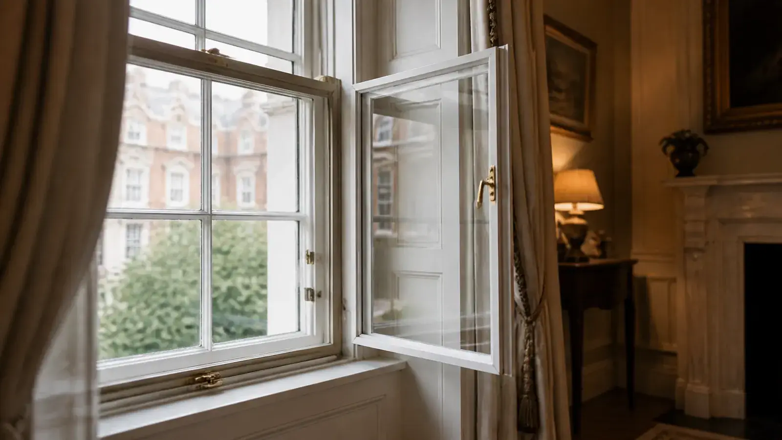 Inward-opening hinged secondary glazing unit installed behind an original timber casement window in a historic London home