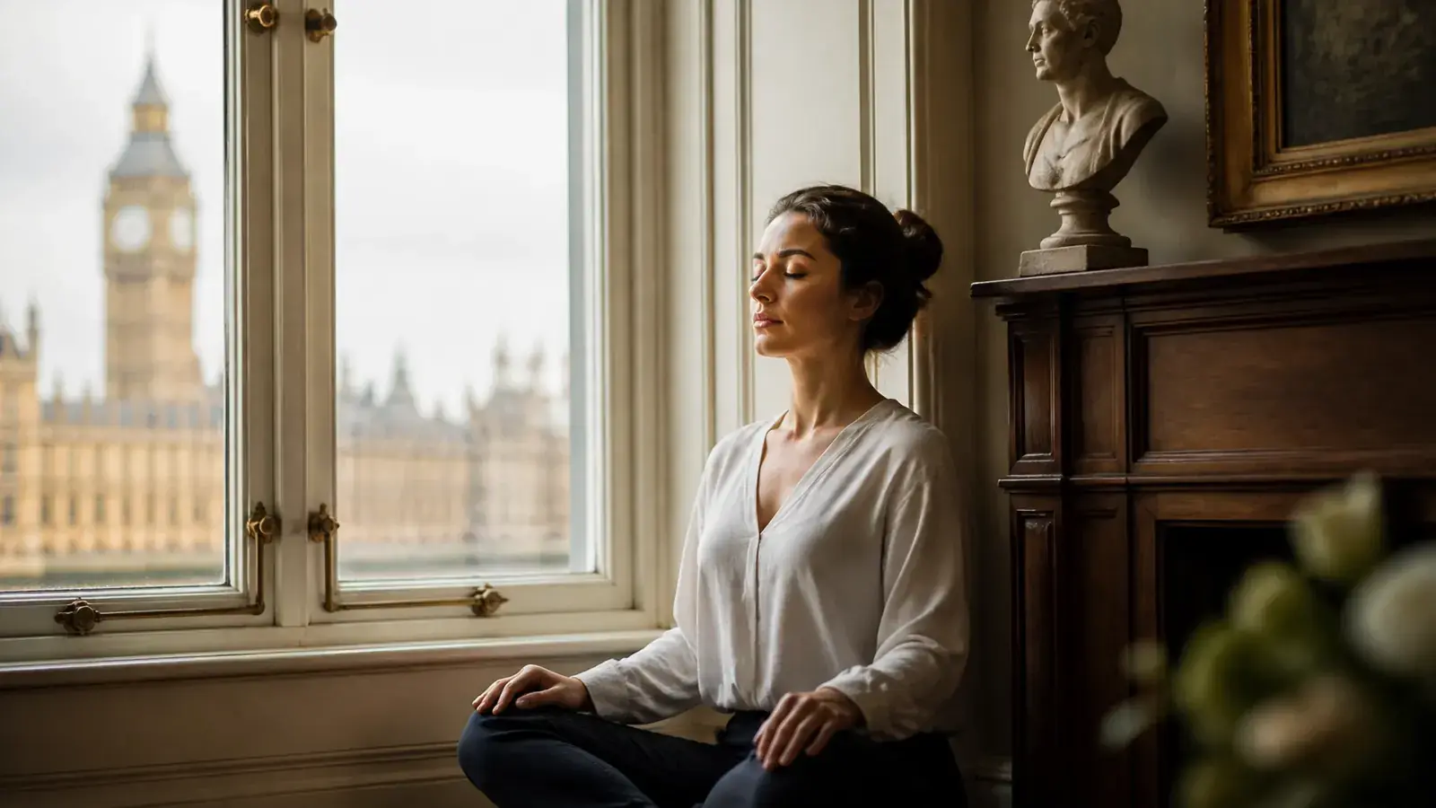 Person meditating peacefully indoors beside acoustic secondary glazing in a tranquil London heritage interior
