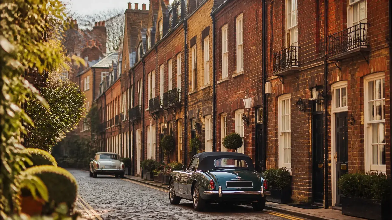Charming Victorian mews street in Kensington with classic brick facades and parked vintage cars
