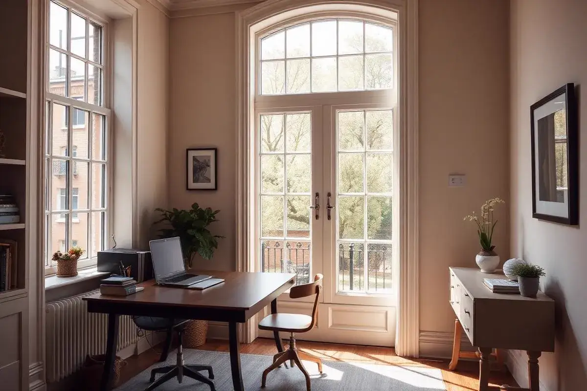Wide shot of a bright, quiet study in a London period home with discreet secondary glazing and an elegant workspace Wide shot of a bright, quiet study in a London period home with discreet secondary glazing and an elegant workspace