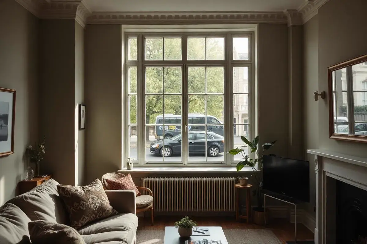 Quiet London interior with secondary glazing on a sash window blocking busy street noise