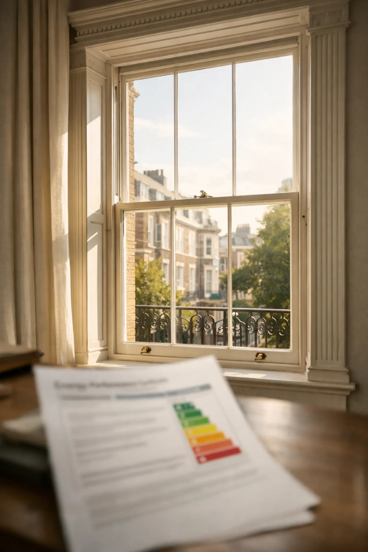 Period sash window with EPC certificate showing energy rating bands for London property