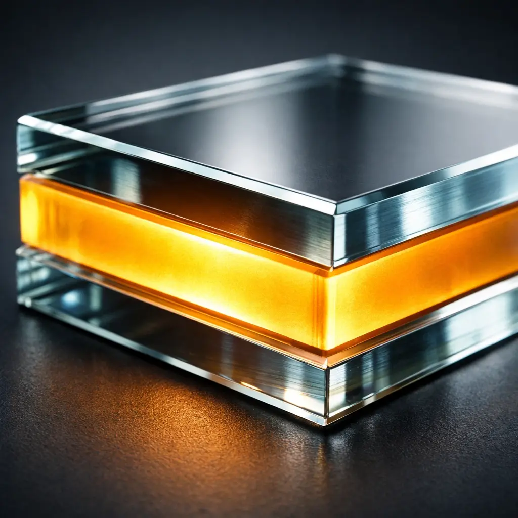 10.8mm acoustic laminate glass cross-section showing dual glass layers bonded with PVB interlayer