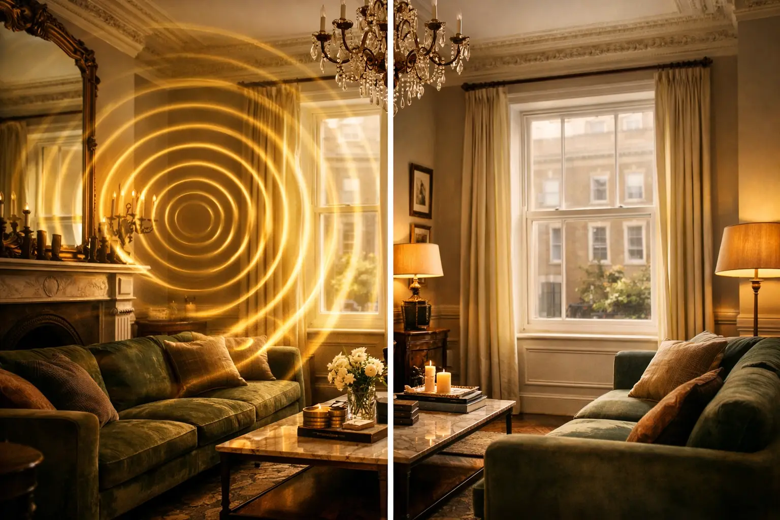 Secondary glazing for listed buildings London — Kensington living room showing noise reduction with secondary glazing