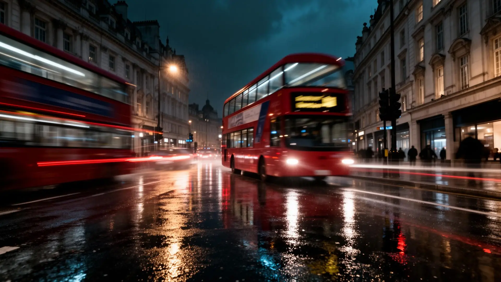 London traffic noise that professional sound surveys measure Blurred London traffic at night with red bus light streaks representing urban noise