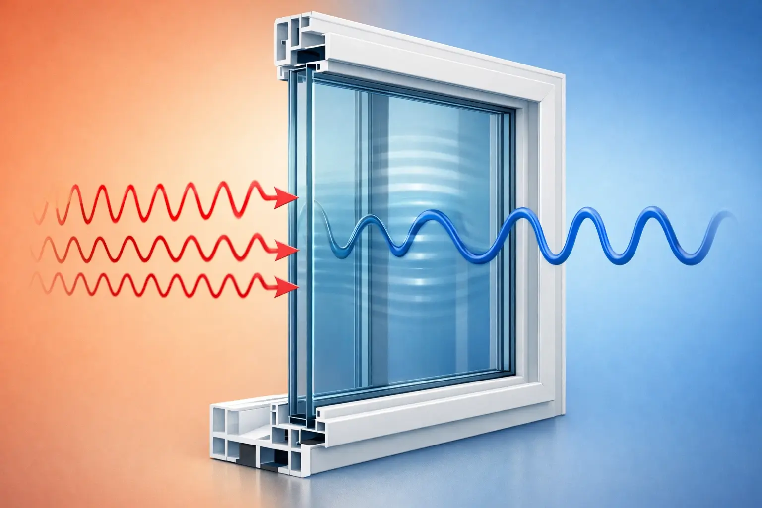 Low-frequency sound waves penetrating standard window glass showing need for soundproof secondary glazing