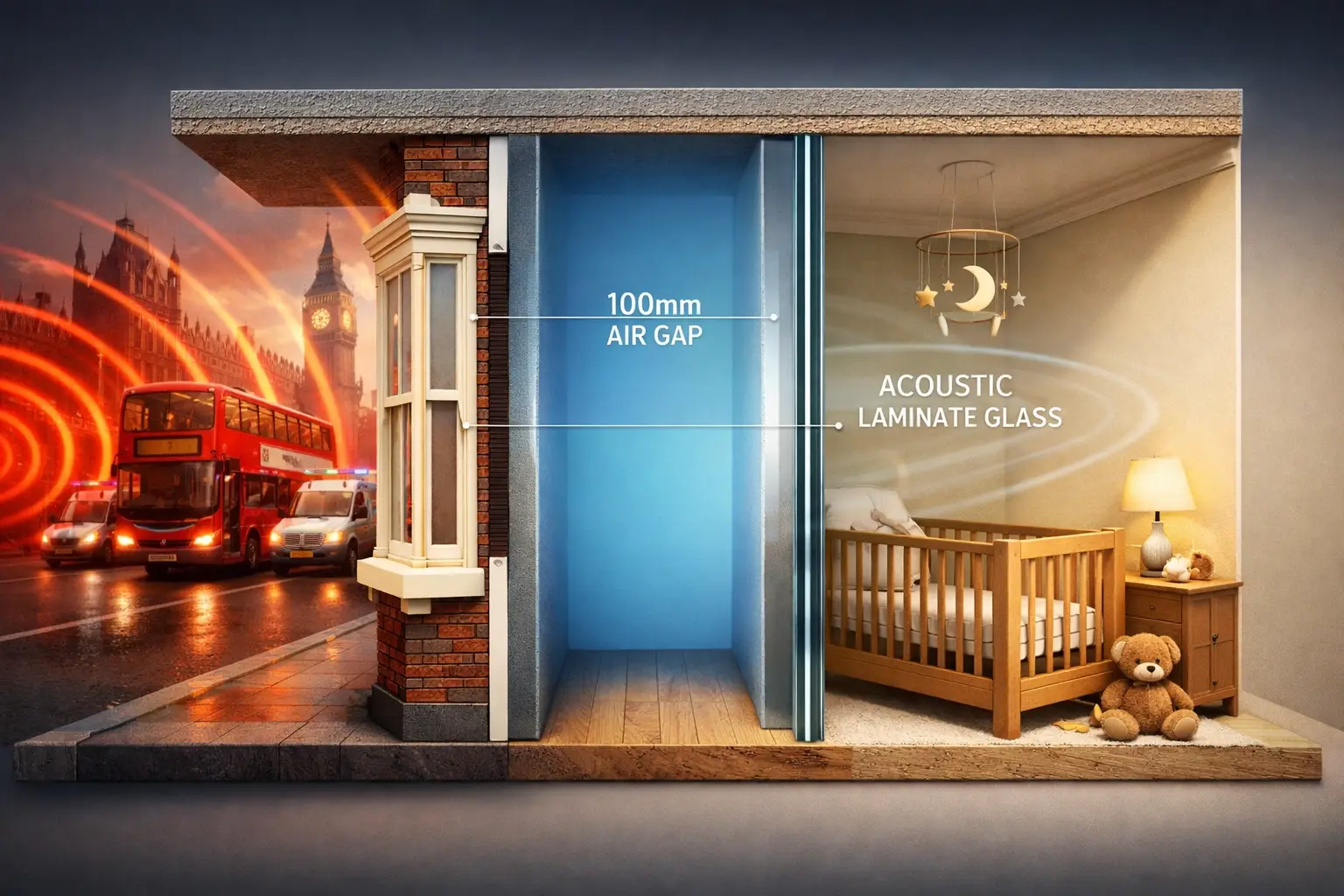 How secondary glazing blocks London traffic noise with 100mm air gap and acoustic glass in nursery