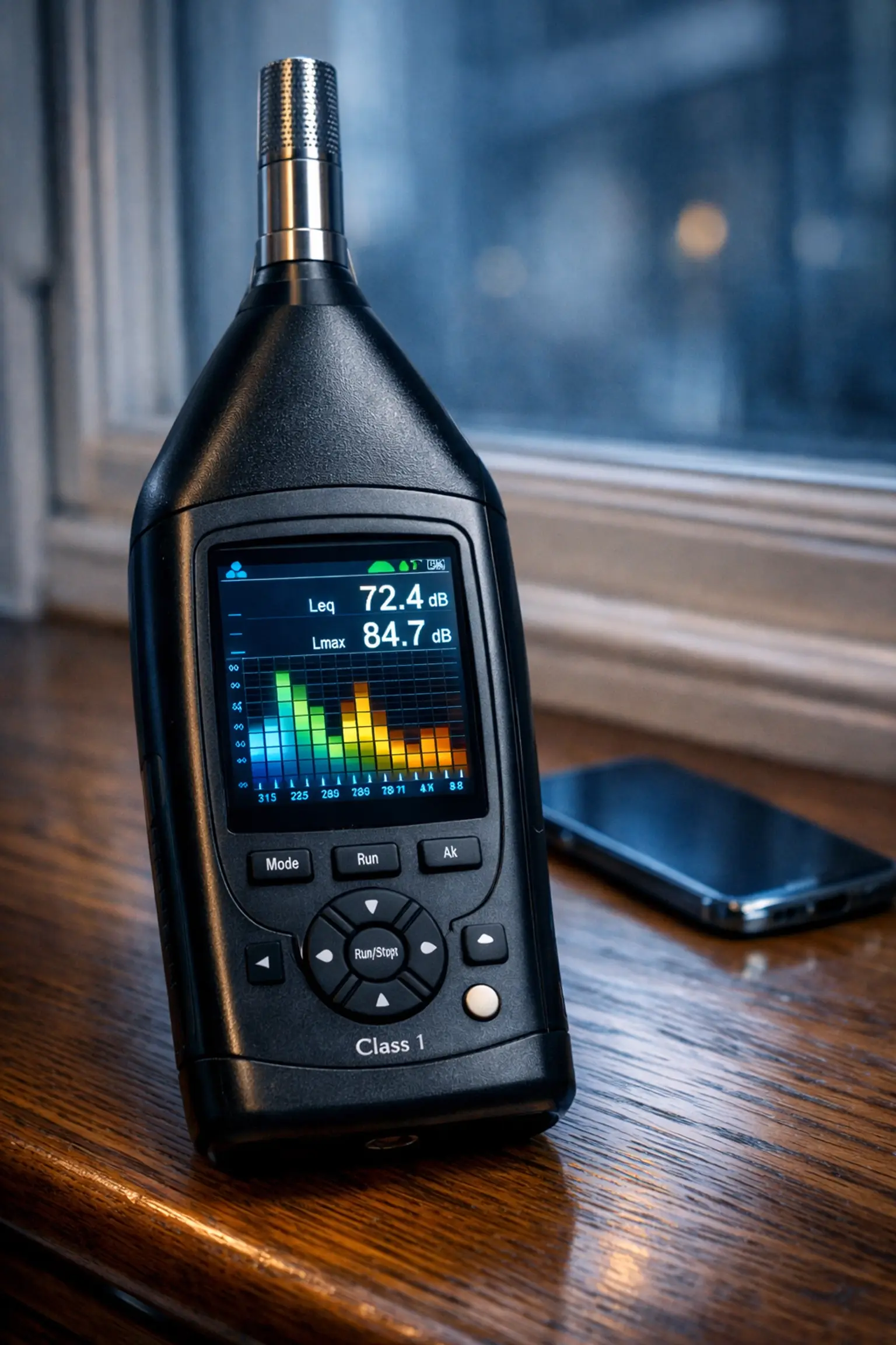 Professional sound level meter measuring traffic noise on a sash window sill in London Professional sound level meter measuring traffic noise on a sash window sill in London