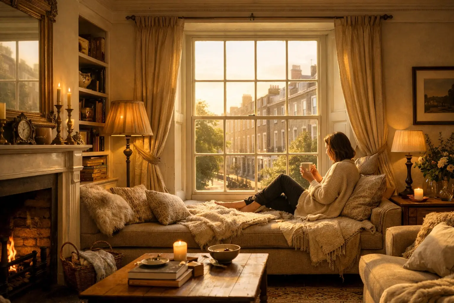 Quiet Georgian living room showing heritage sash windows upgraded with soundproof secondary glazing