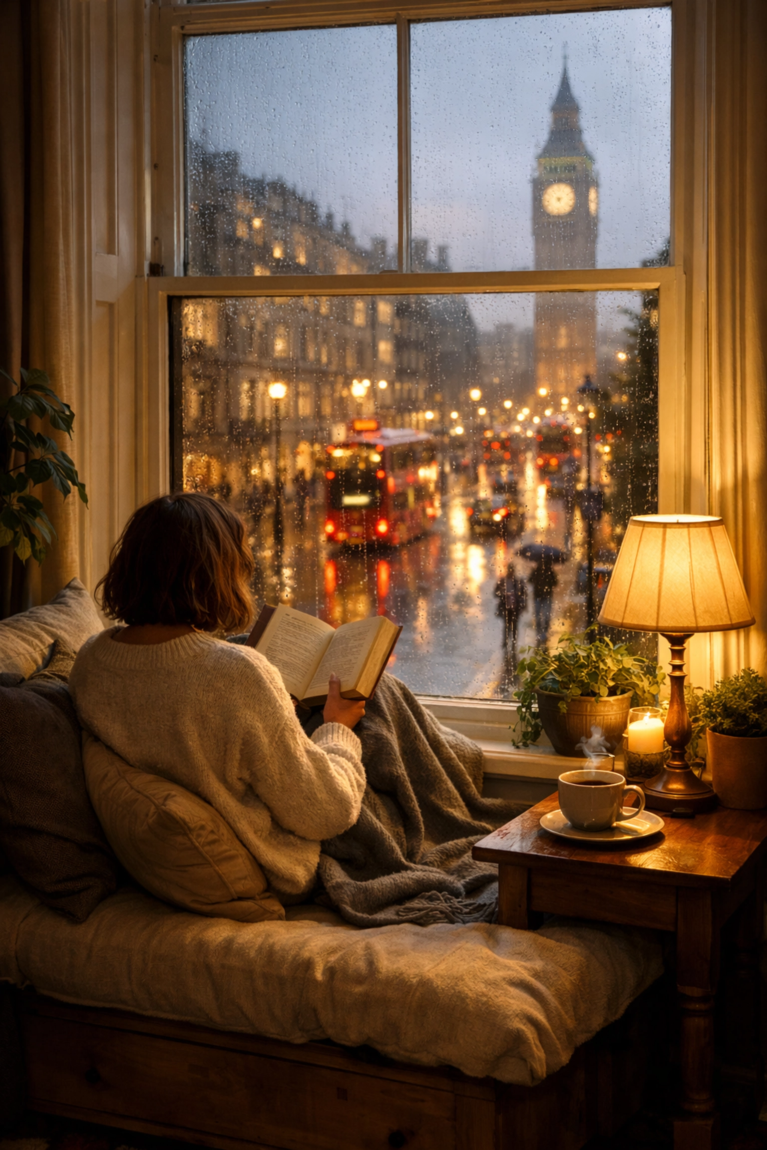 Quiet London interior with secondary glazing on a sash window blocking busy street noise