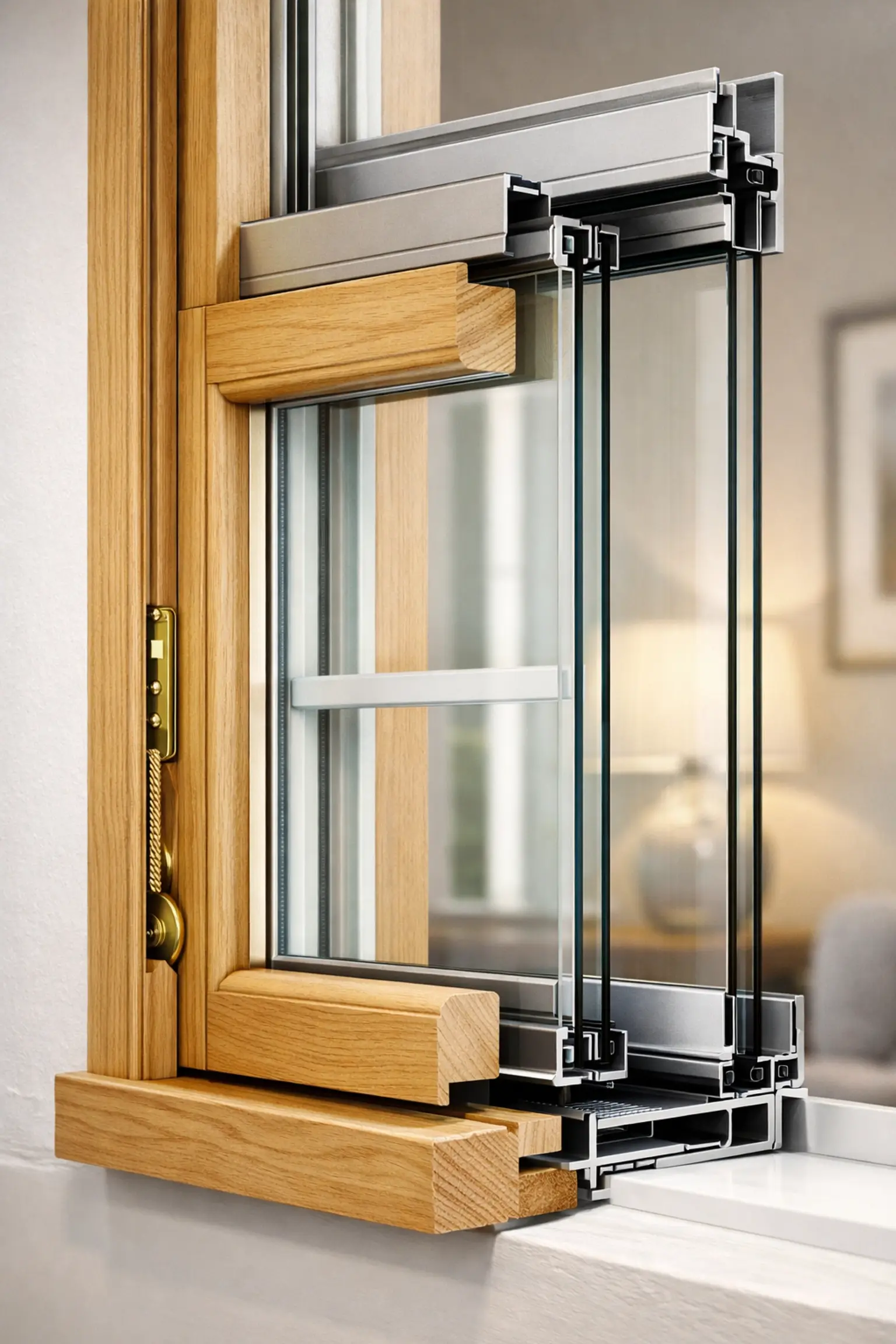 Cross-section of a sash window with secondary glazing showing the insulating air gap