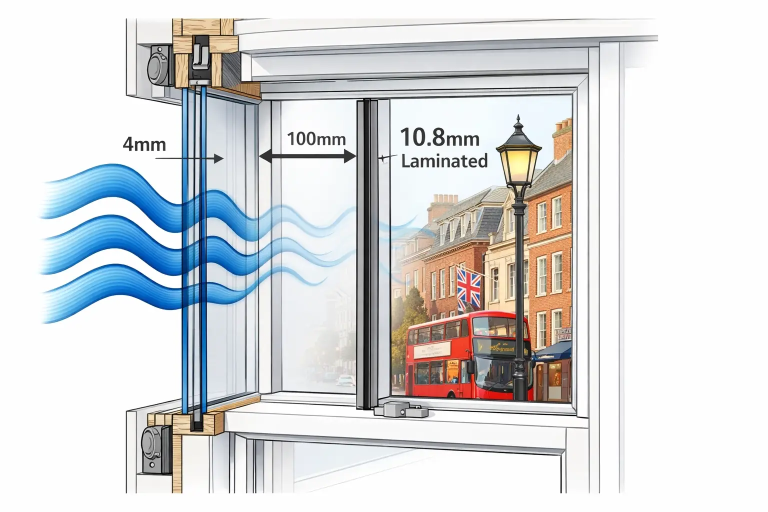 Secondary glazing cross-section showing 100mm air gap blocking sound waves for noise reduction windows London