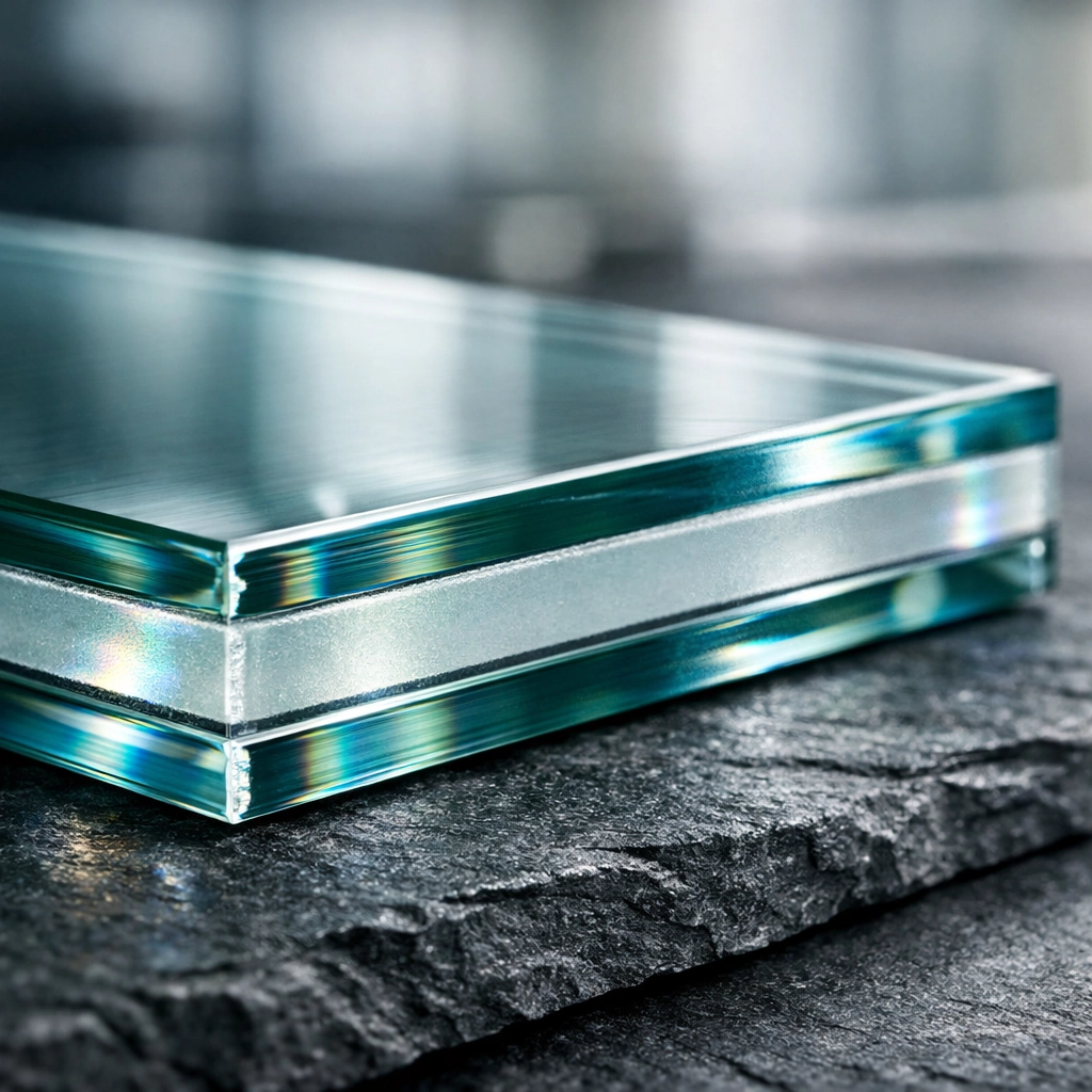 Close-up of 10.8mm acoustic laminate glass showing the PVB sound-dampening interlayer for secondary glazing noise reduction