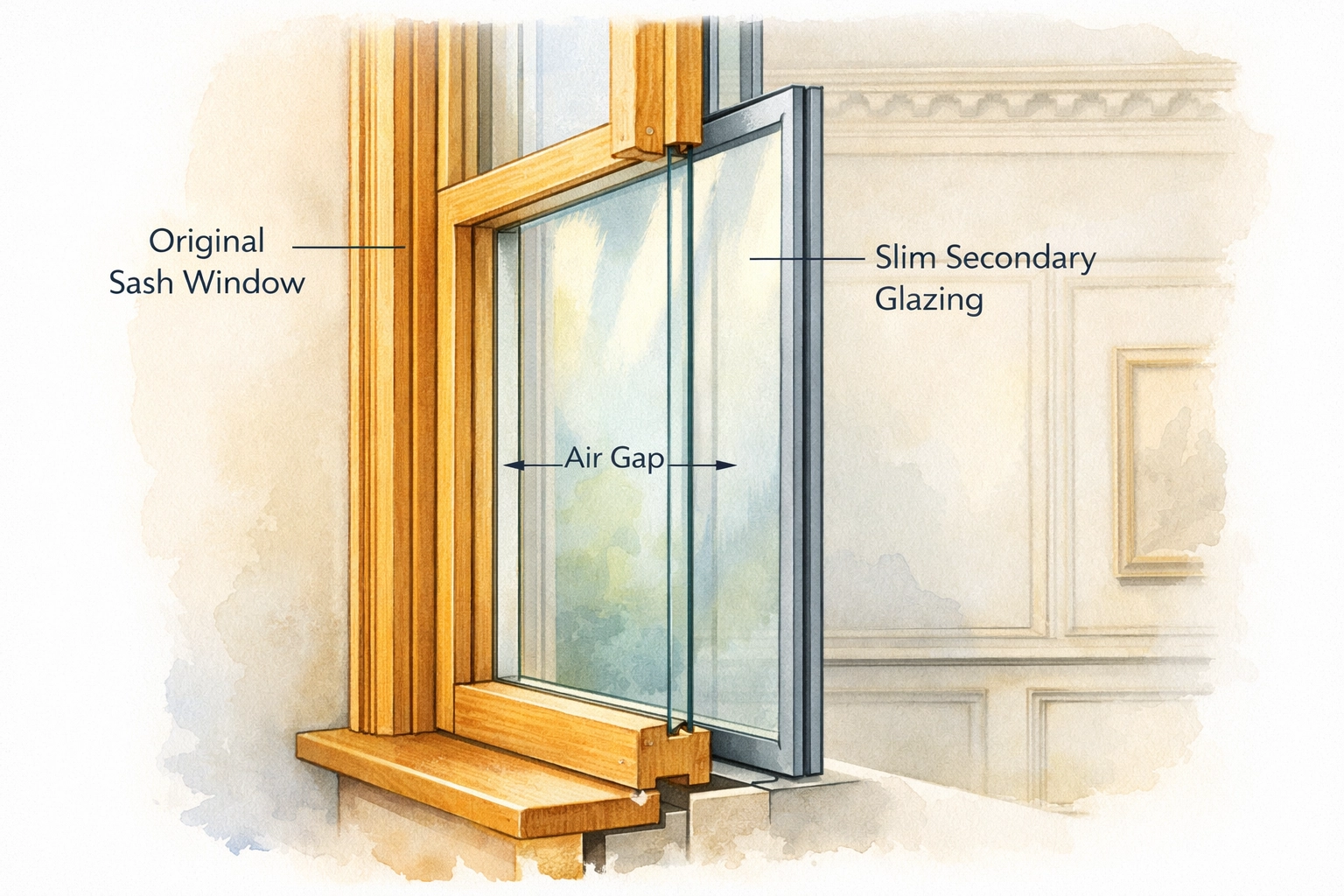 Cross-section of secondary glazing installed on Georgian sash window showing dual-pane system for noise reduction