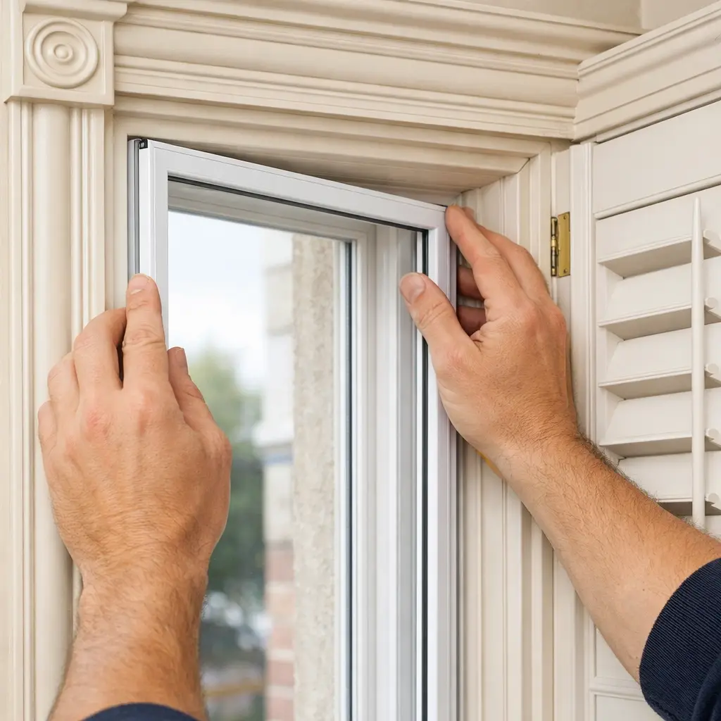Professional installer fitting a slim secondary glazing frame to a listed building window without damage