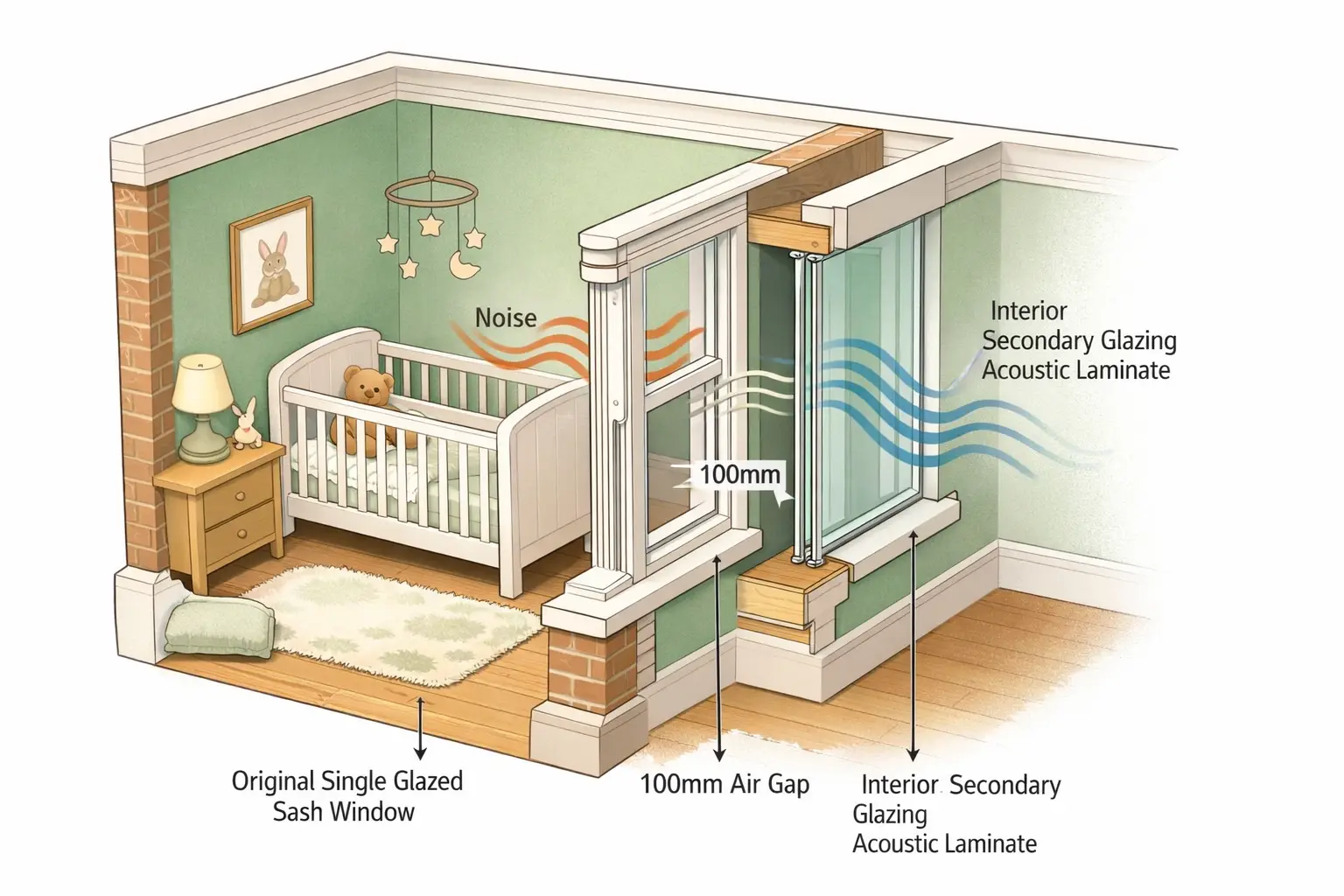 Secondary glazing installation diagram showing air gap and acoustic glass in Victorian sash window for nursery noise reduction