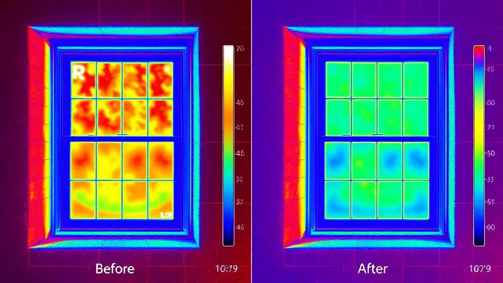 Thermal imaging before and after secondary glazing installation showing heat loss reduction from red to blue