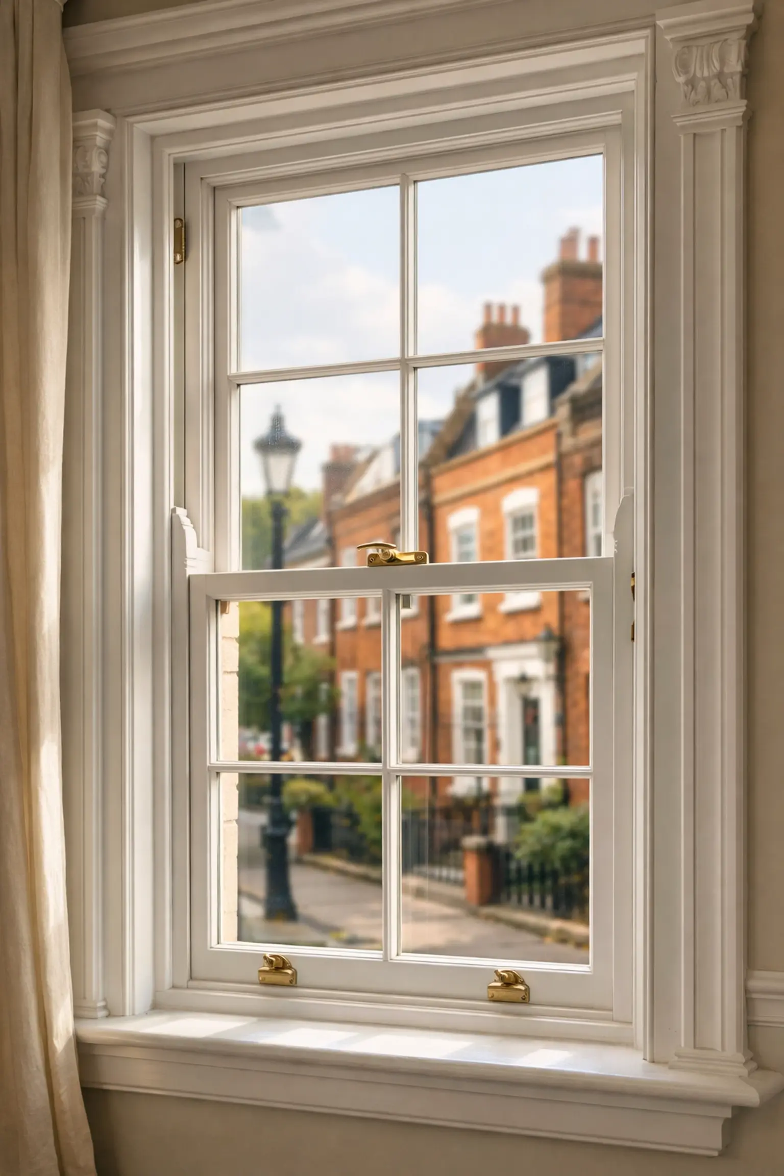 Original Victorian timber sash window in a London heritage home preserved with secondary glazing