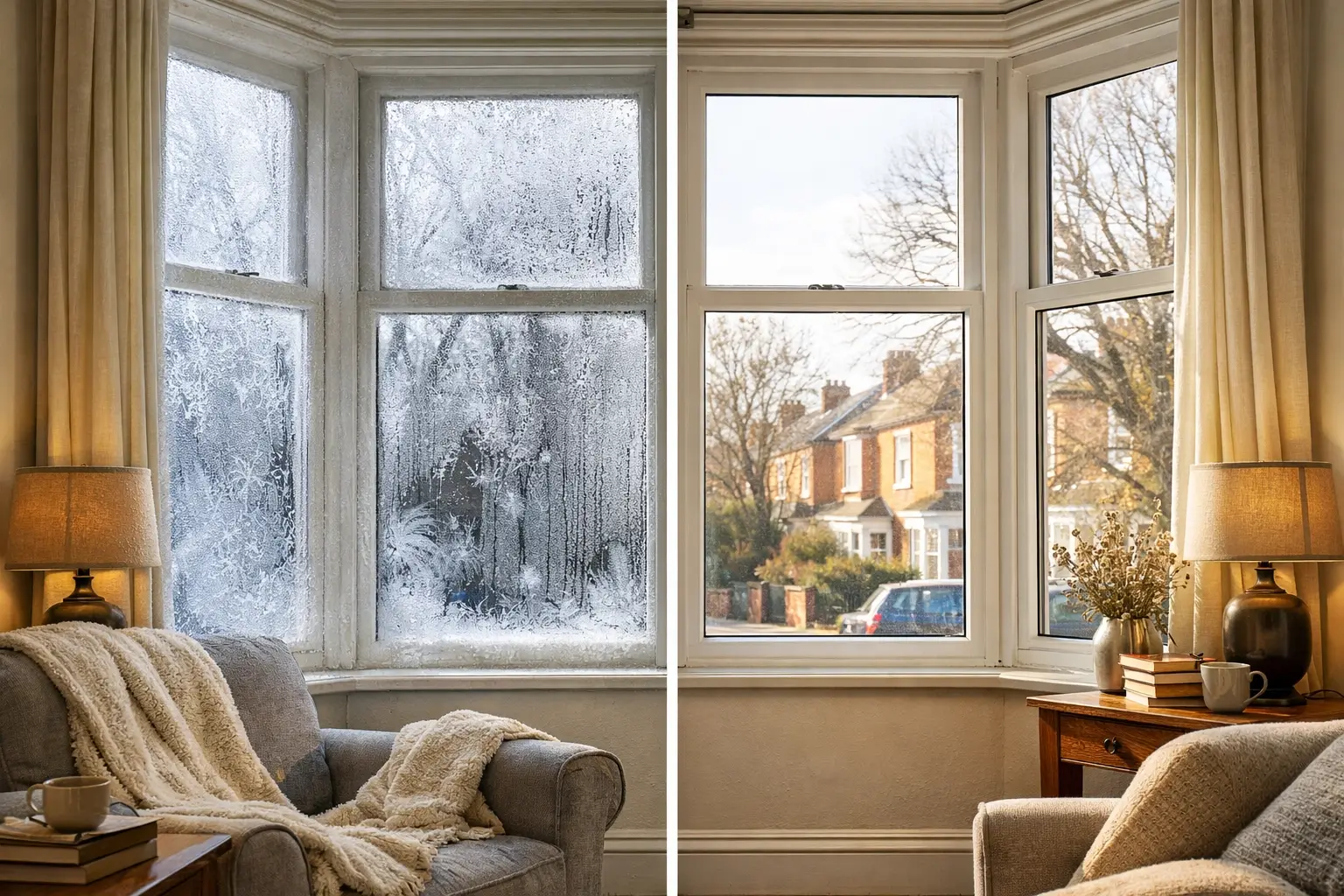 Victorian bay window in Wandsworth showing secondary glazing installation beside original sash window