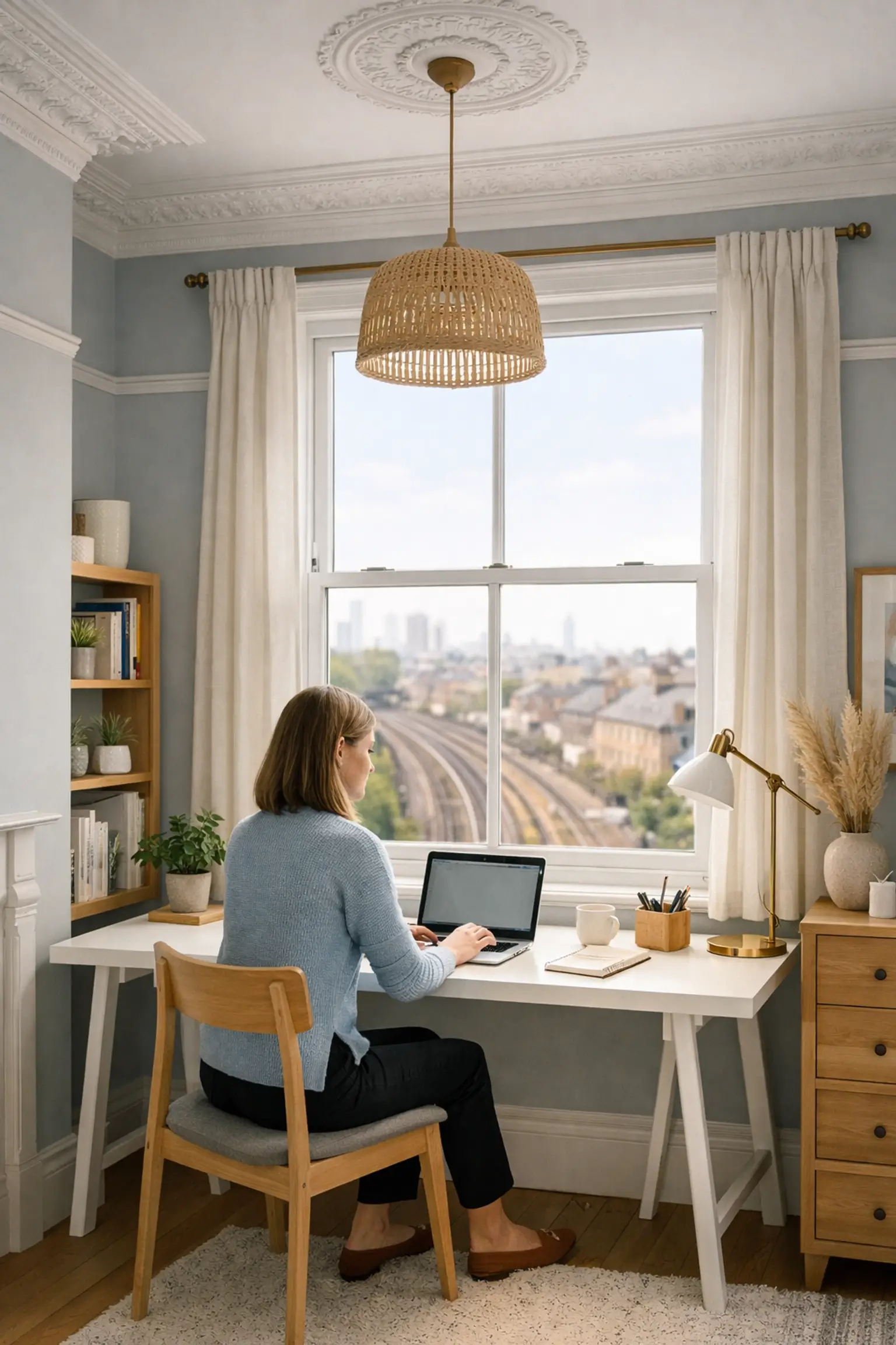 Home office in Victorian property with secondary glazing reducing railway noise in Battersea